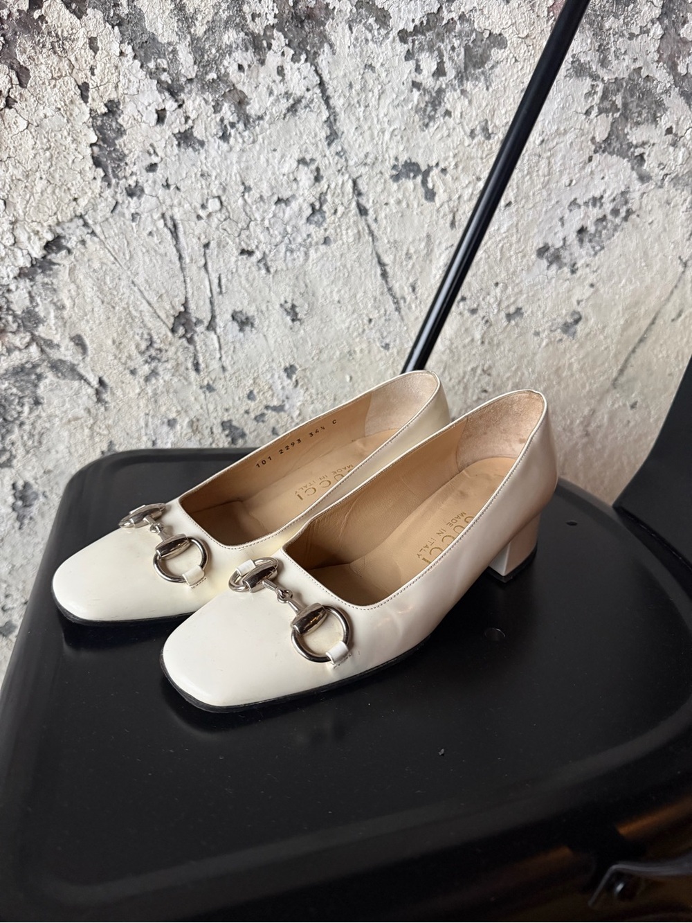 Gucci Cream Block Heel Pumps with Silver Horsebit